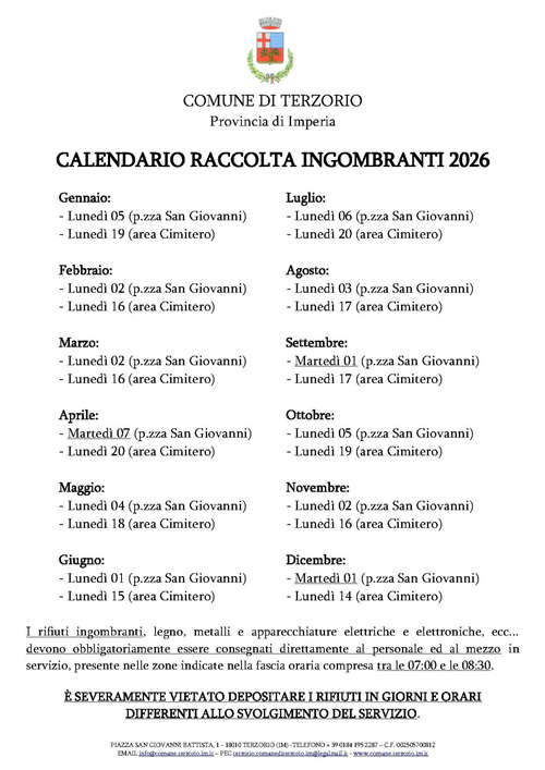 Servizio di Raccolta Ingombranti - Calendario 2026
